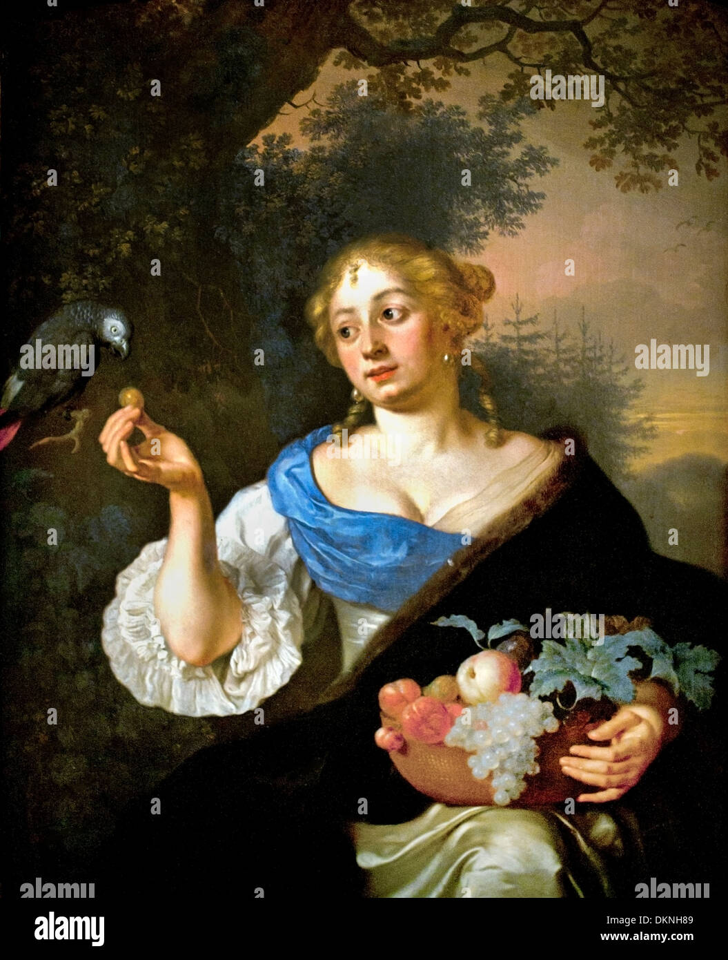 Junge Frau mit Papagei 1670 Arie de Vois 1632-1680 Niederlande Niederlande Stockfoto