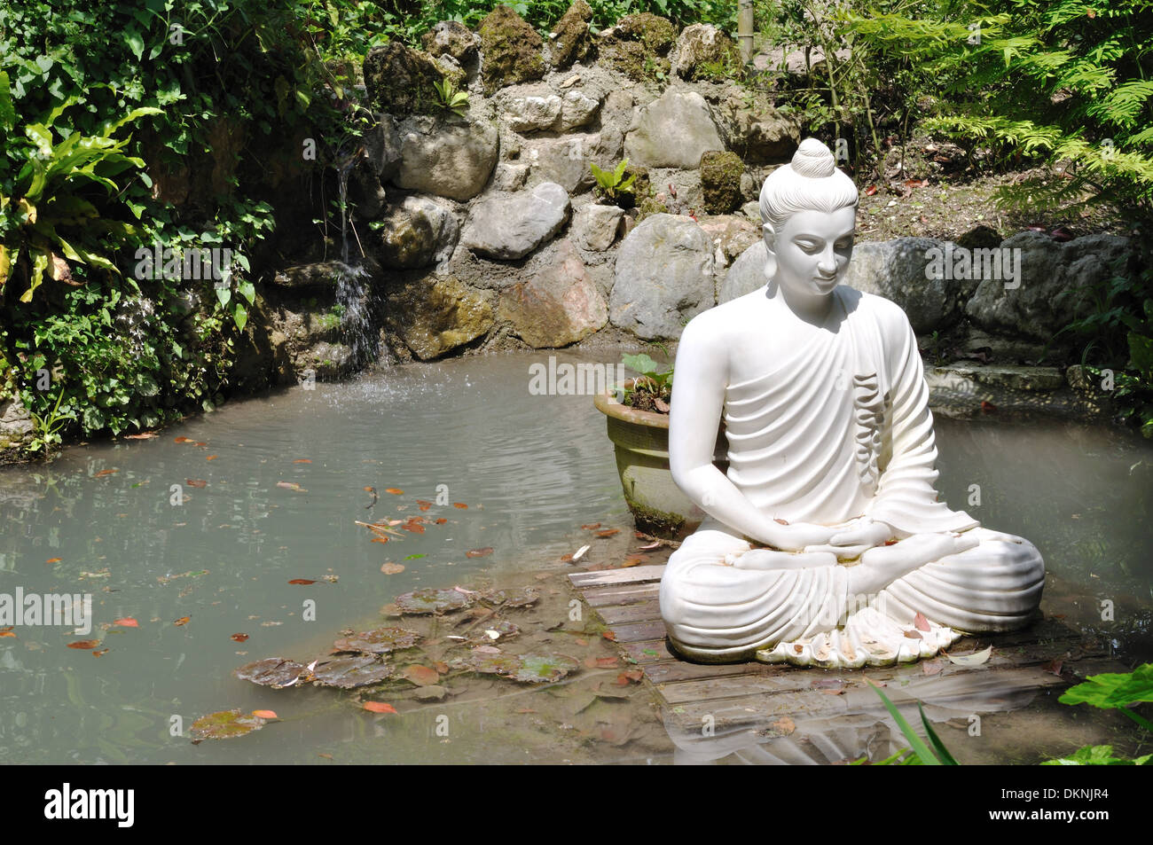 Buddha-Statue in einem See am Andre Heller Botanical Gardens, Gardone Riviera, Gardasee. Stockfoto