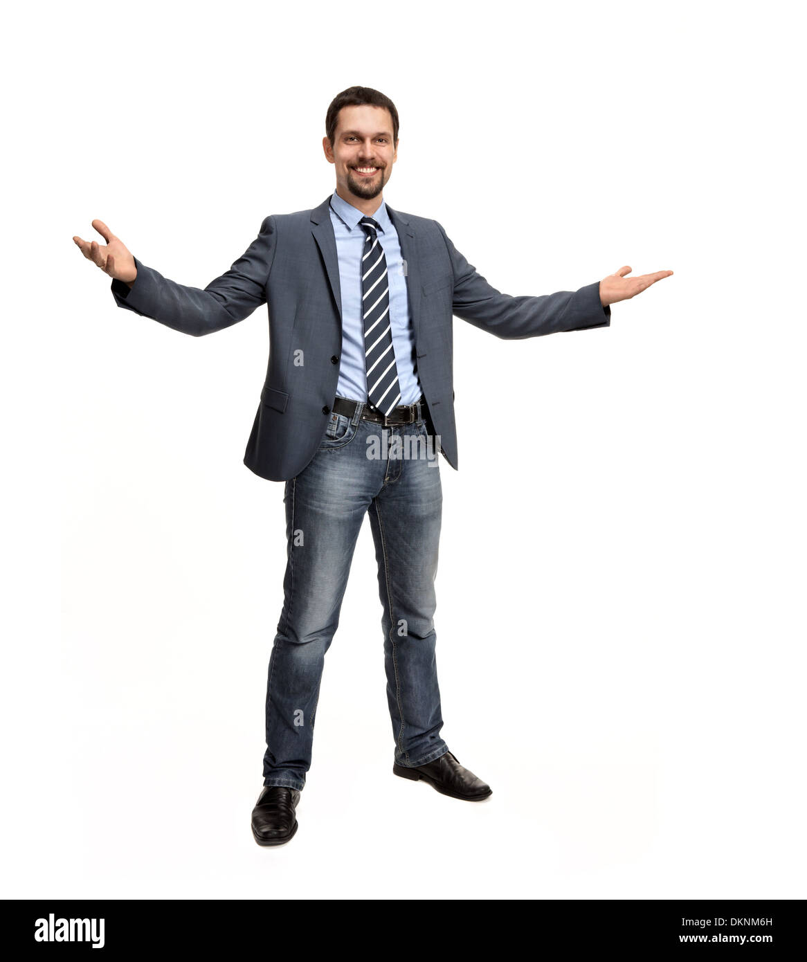 Erfolgreicher Geschäftsmann mit offenen Armen - auf einem weißen Hintergrund isoliert Stockfoto