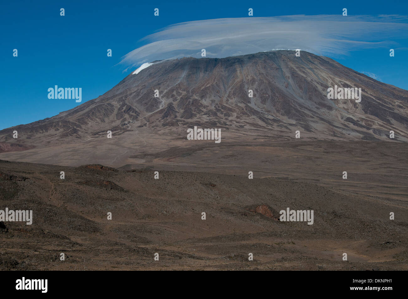 Blick über den Sattel auf den Kilimanjaro auf Kibo Hütten und die Strecke bis zum Gilmans Point 5686 m am Rand des Kraters Stockfoto
