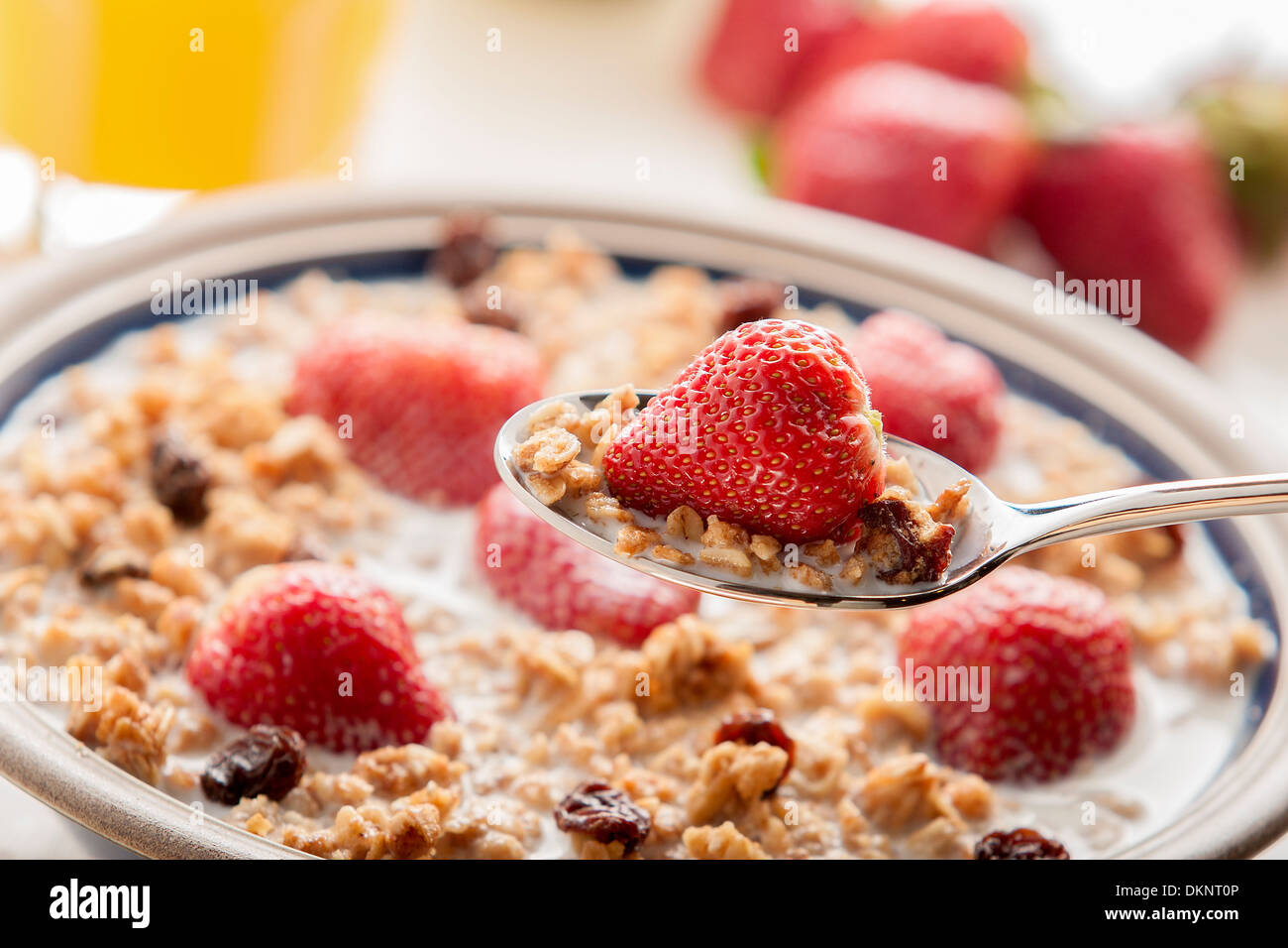 Gesundes Frühstück mit Müsli und Obst. Stockfoto