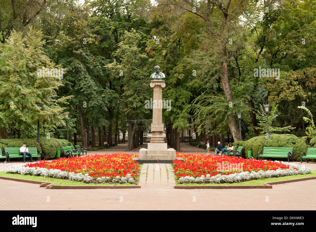 Büste von Aleksandr Pushkin im Parcul Stefan Cel Mare (Stephan der große Park) in Chisinau, Hauptstadt der Republik Moldau in Osteuropa. Stockfoto