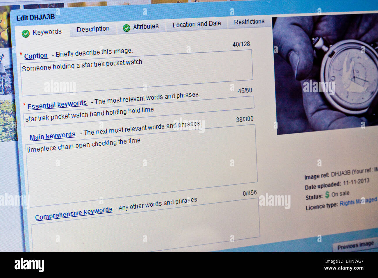 Verschlagwortung eines Bildes auf Alamy Stockfoto