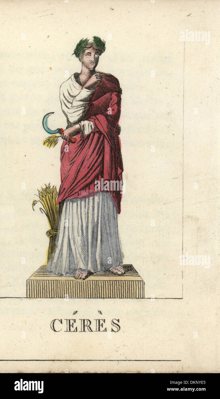 Ceres, die römische Göttin der Landwirtschaft, mit Sense und Scheffel Weizen. Stockfoto
