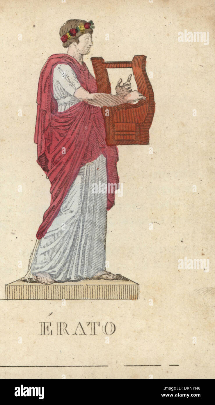 Erato, griechische Muse der Liebesdichtung mit Garland und Klängen. Stockfoto