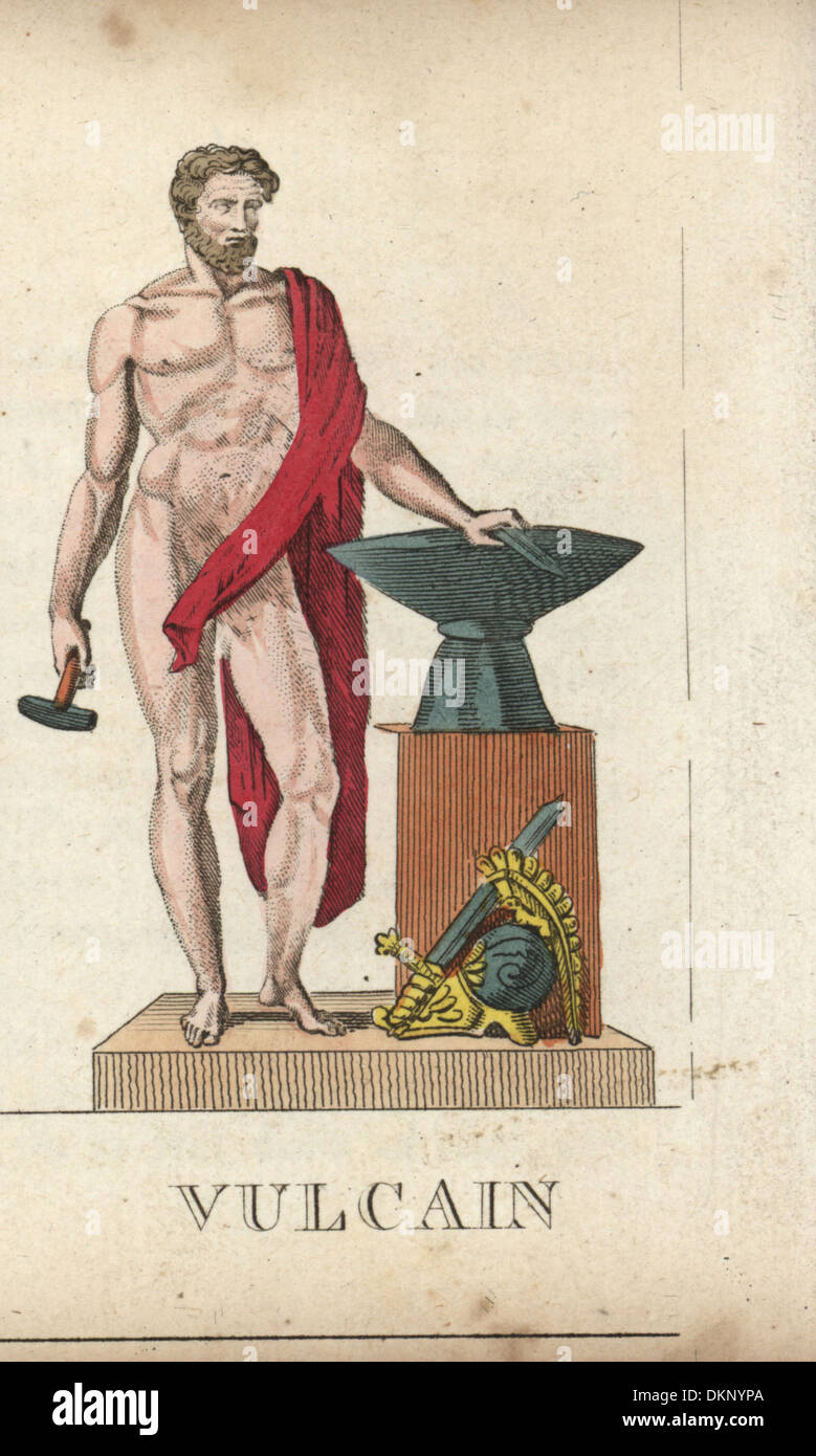Vulcan, römischer Gott der Schmiede, mit Hammer, Amboss, Schwert und Helm. Stockfoto