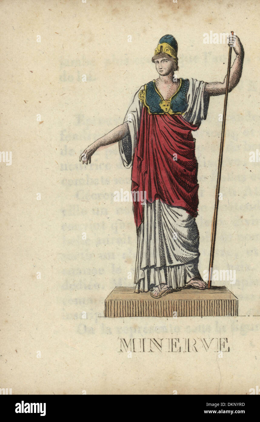 Minerva, Göttin der Weisheit, mit Helm, Brustpanzer und Personal. Stockfoto