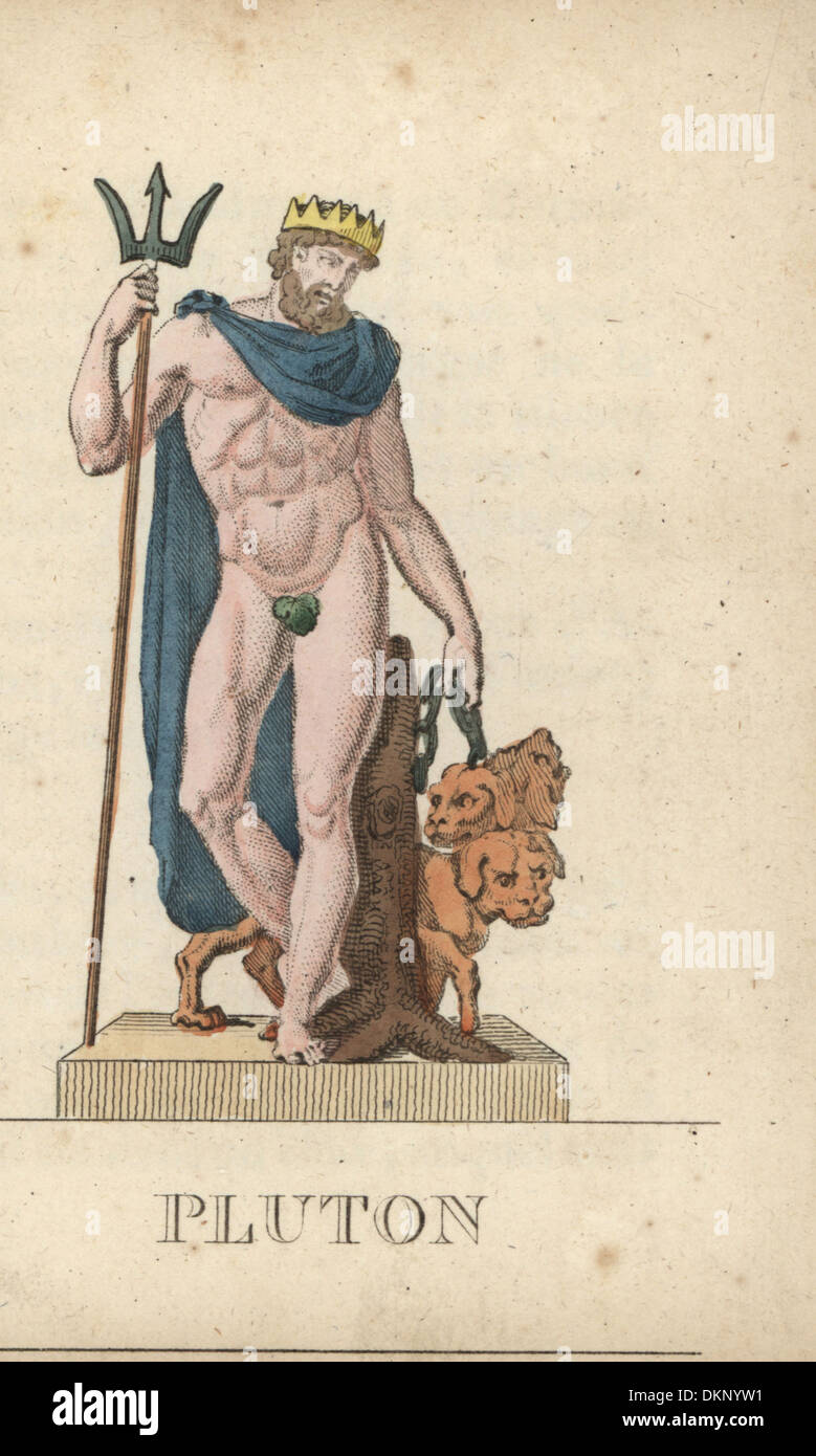 Pluto, römischer Gott der Toten, mit Dreizack und Höllenhund Cerberus. Stockfoto