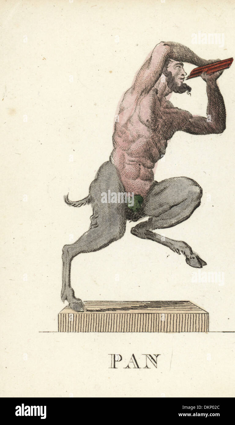 Pan, griechischer Gott der Natur, mit Ziege Beine und Panflöte dargestellt. Stockfoto
