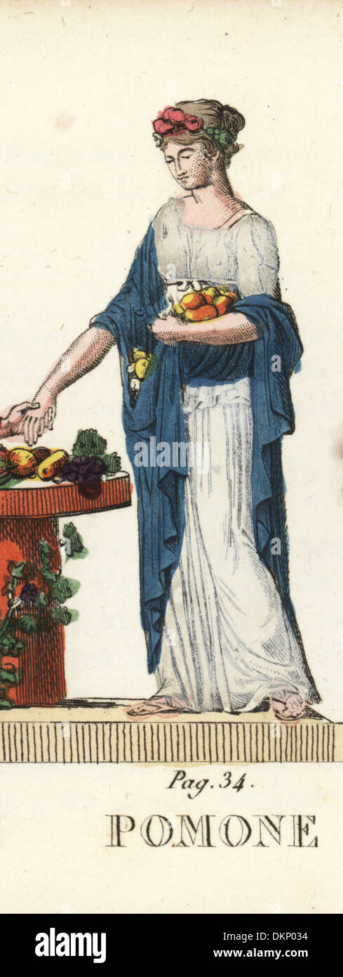 Pomona, römische Göttin der Obstgärten, hält eine Ernte von Früchten. Stockfoto