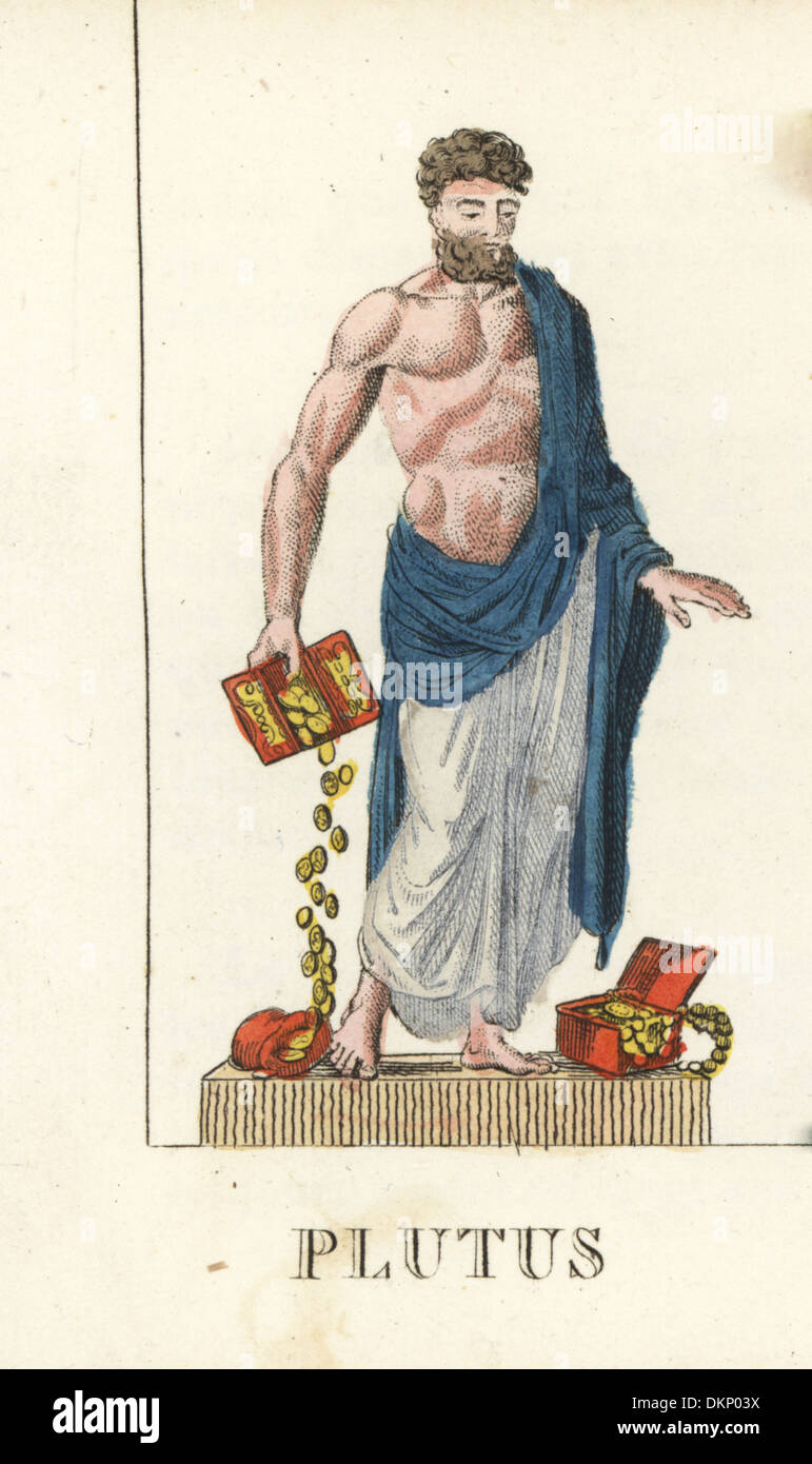 Plutus, römischer Gott des Reichtums, mit Boxen von Goldmünzen. Stockfoto