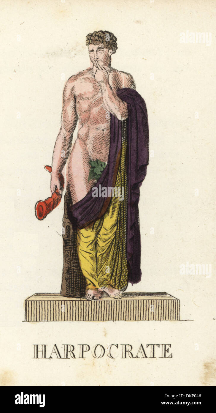 Harpokrates, griechischer Gott des Schweigens, mit Finger an die Lippen halten ein Horn. Stockfoto