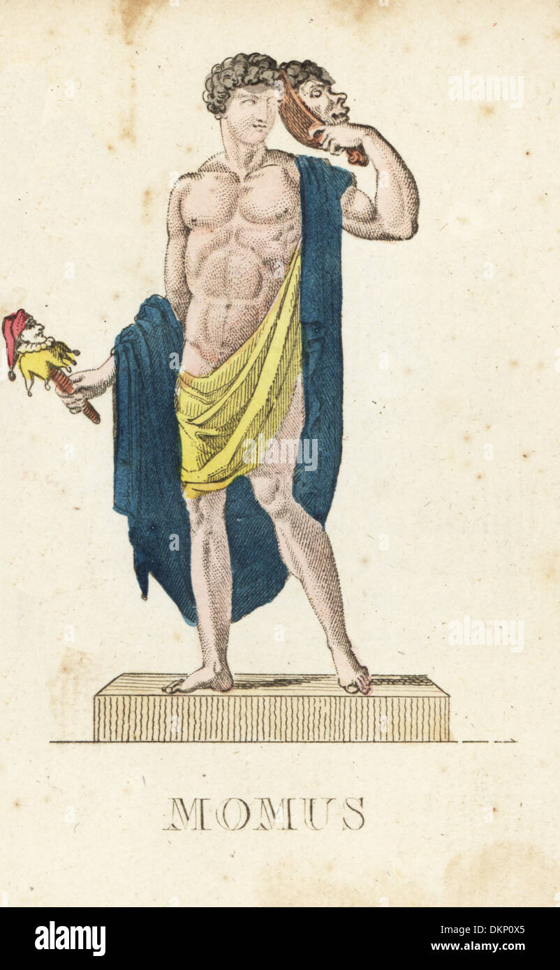 Momus, griechischer Gott der Spott, mit einer Maske und einer Marionette. Stockfoto