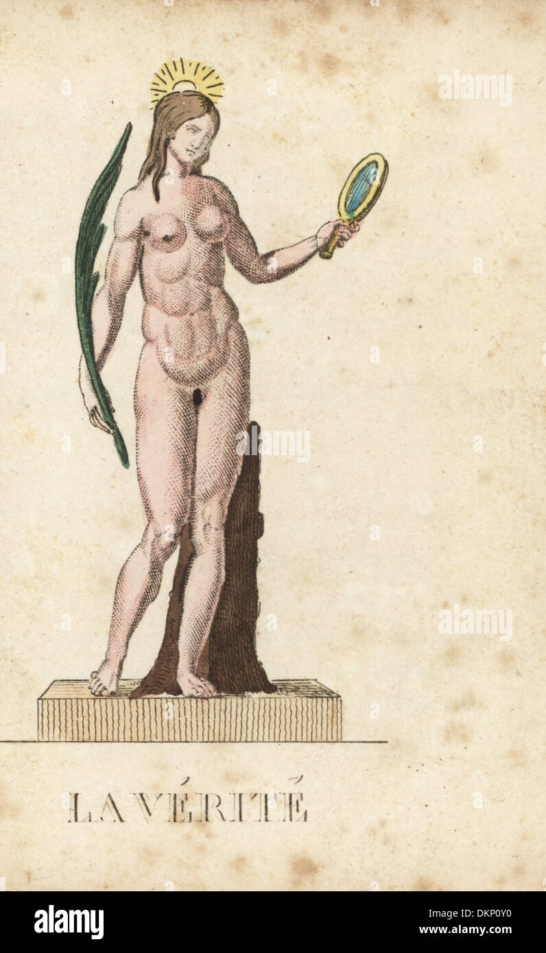 Veritas, römische Göttin der Wahrheit, mit Heiligenschein, Spiegel und Palm Frond halten. Stockfoto