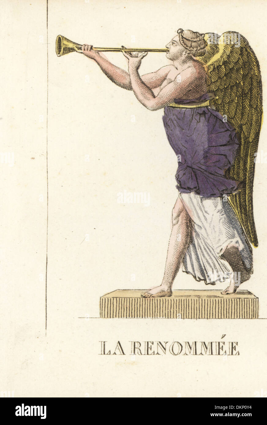 Fama, römische allegorische Figur des Ruhmes, ein Horn bläst. Stockfoto