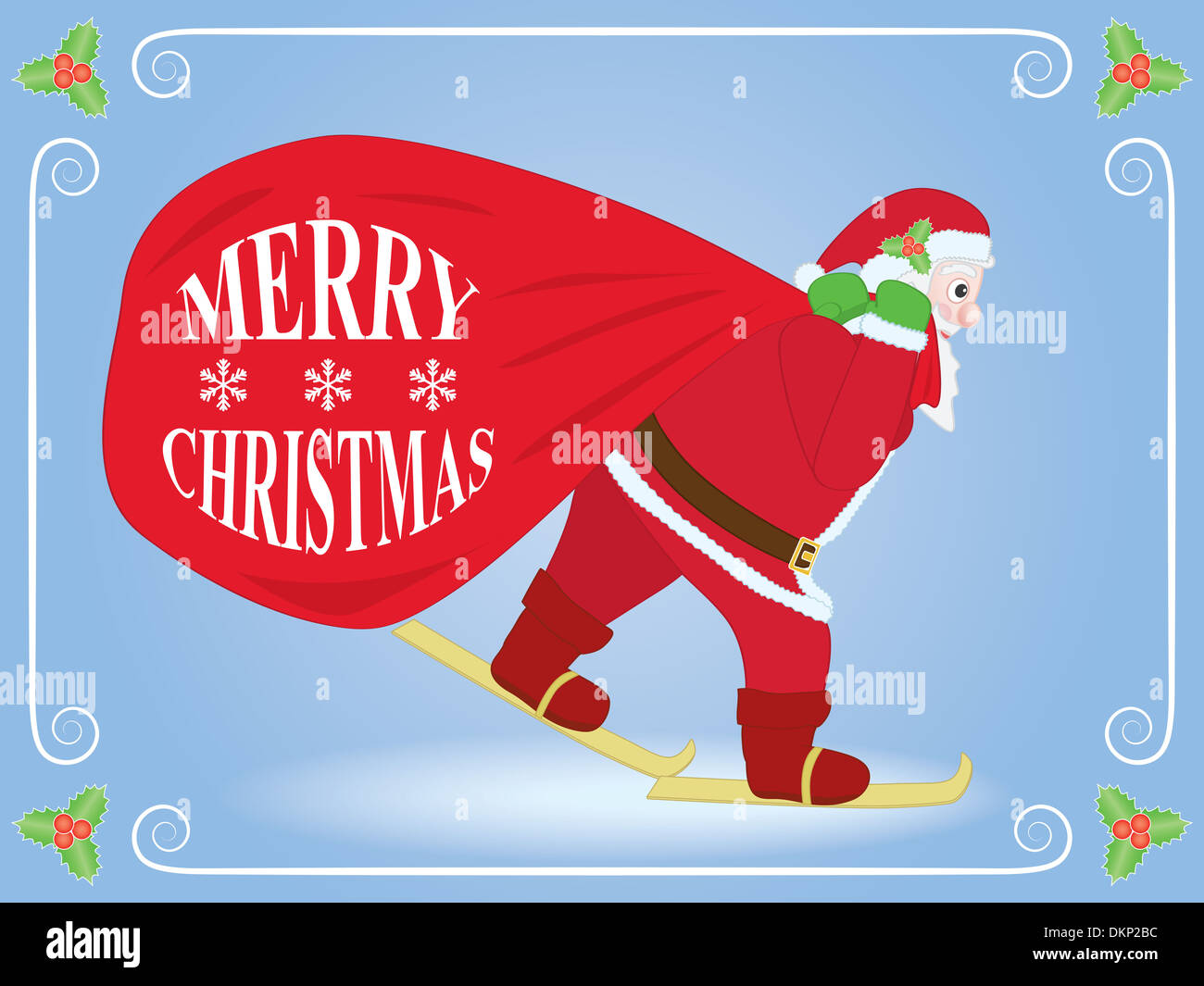 Weihnachten Hintergrund mit dem Weihnachtsmann mit Sack Skifahren Stockfoto