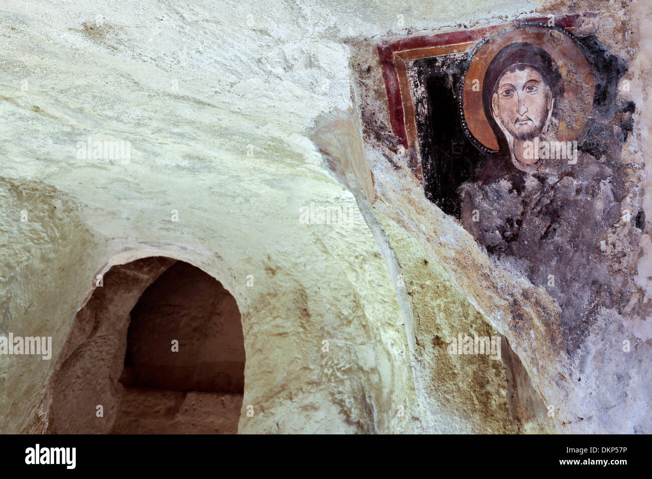 Fresko der Höhlenkirche San Giovanni di Monteroni, Sassi di Matera, Basilikata, Italien Stockfoto