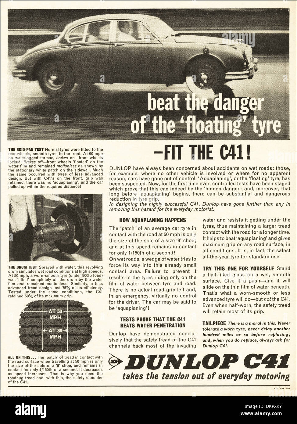 1960er Jahre Vintage Magazin Werbung Werbung Pkw-Reifen von DUNLOP C41 Stockfoto