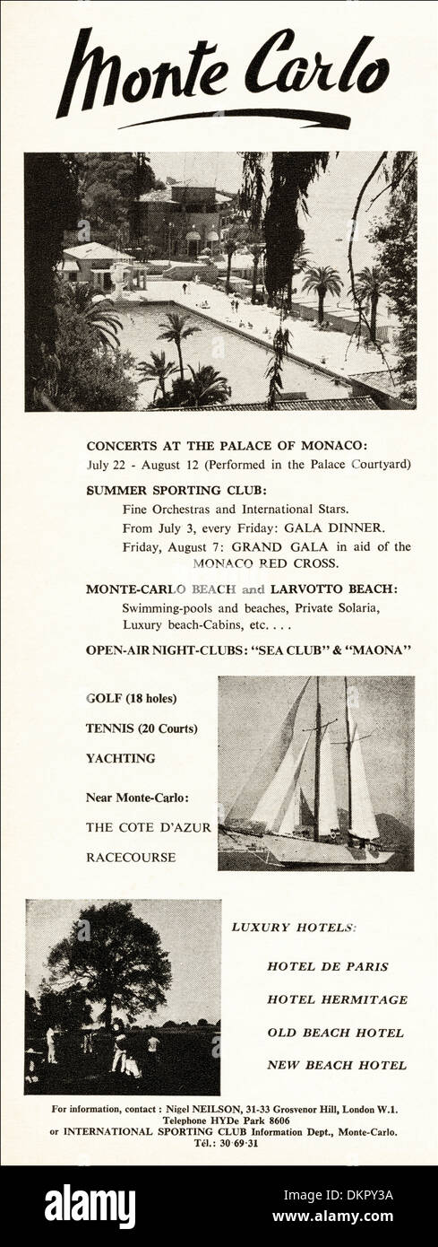 1960er Jahre Vintage Magazin Werbung Werbung MONTE-CARLO Tourismus Stockfoto