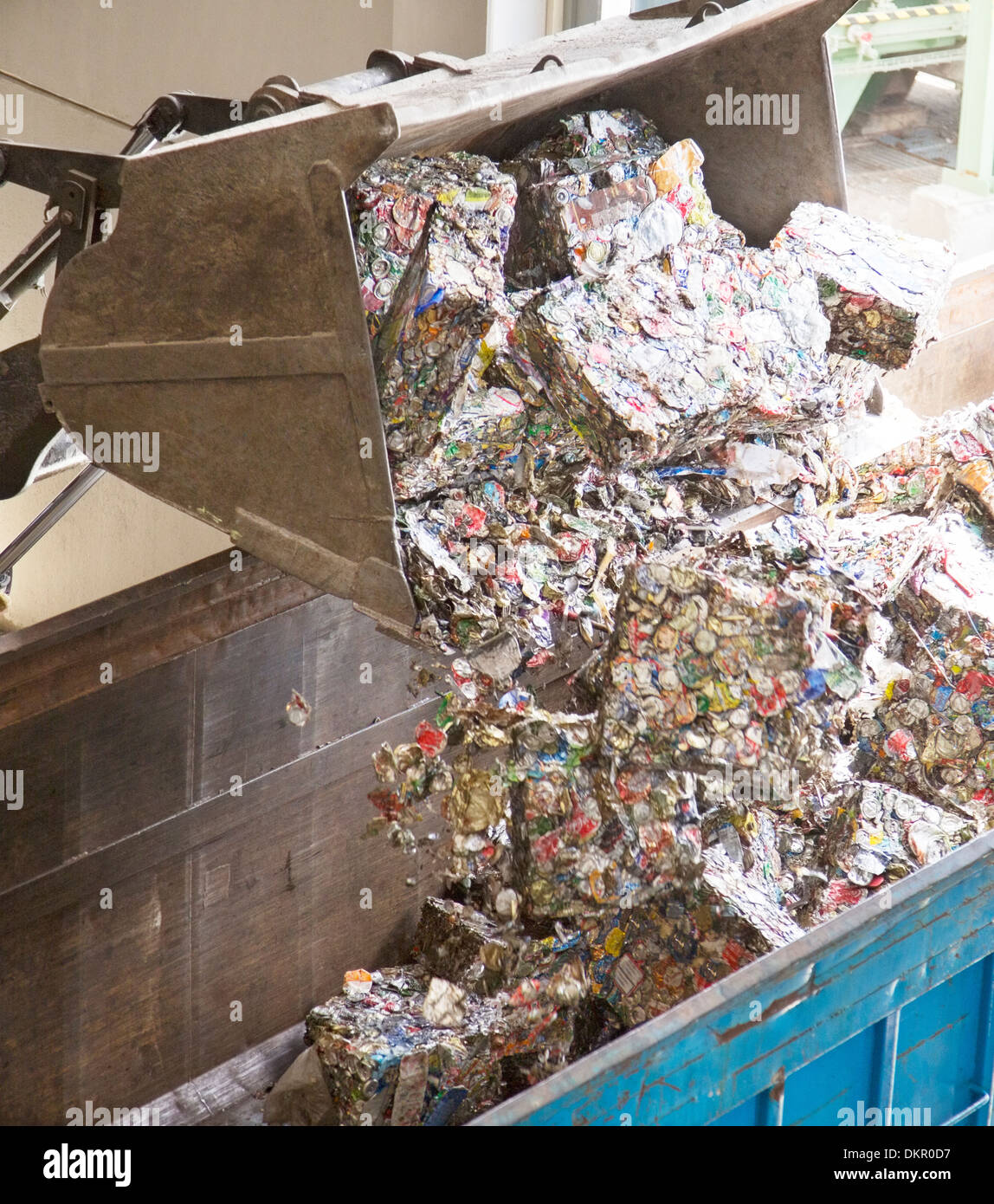 Eimer dumping Recycling-Bundles in Behälter Stockfoto