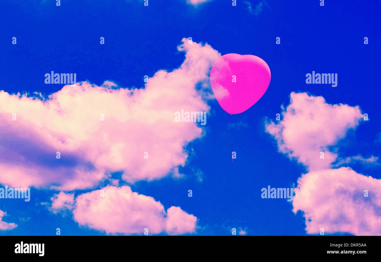 Himmel, blau, Wolken, Cumulus, Ballon, Hot Air Ballon, fliegen, rosa, entfremdet, Konzepte, Stockfoto