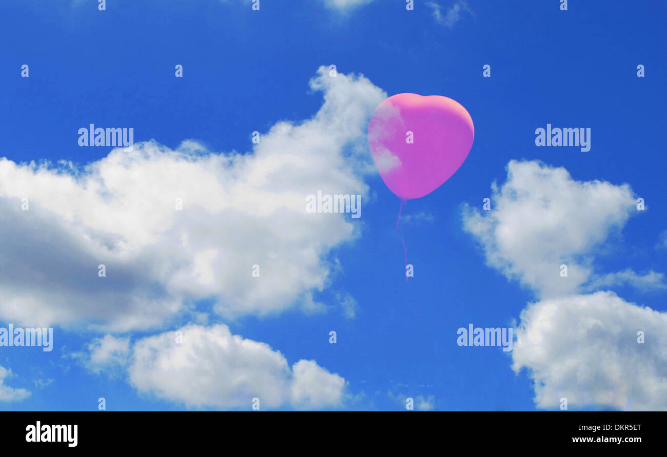 Himmel, blau, Wolken, Cumulus, Ballon, Hot Air Ballon, fliegen, rosa, entfremdet, Konzepte, Stockfoto