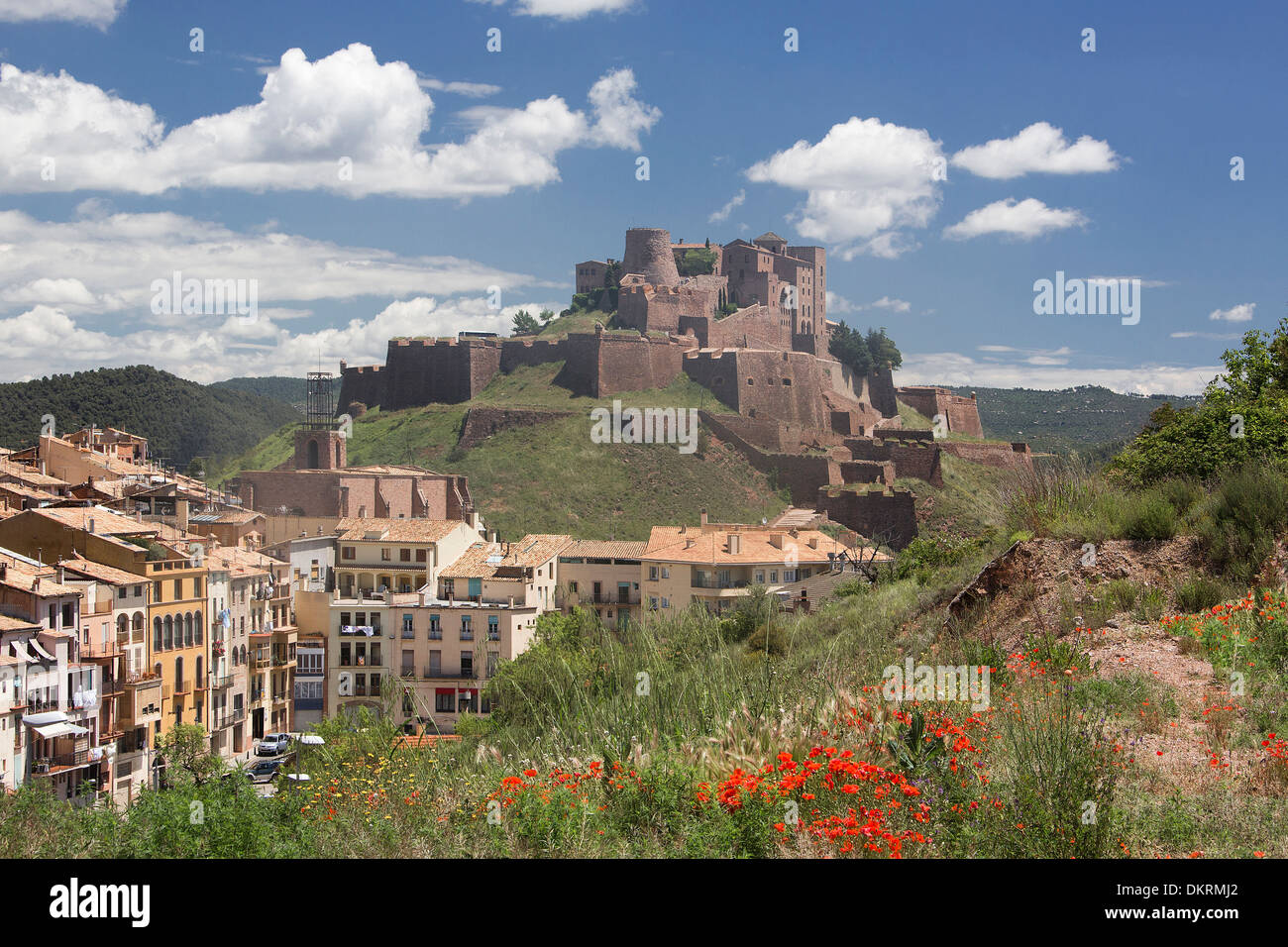 Cardona Burg Mohn Architektur Barcelona Baugeschichte Catalonia Stadt Festung grünen Hügel Landschaft Spanien Europa Frühling Stockfoto