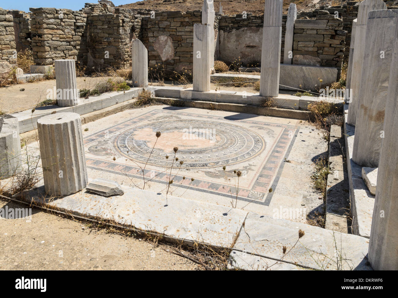 Bodenmosaik im Haus der Delphine, Delos, Kykladen, Griechenland Stockfoto