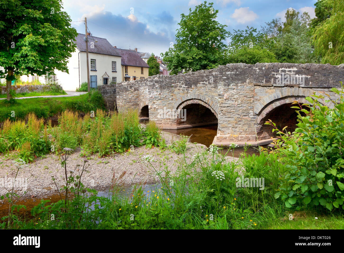 Die alte Lastesel-Brücke bei Clun, Shropshire, England. Stockfoto