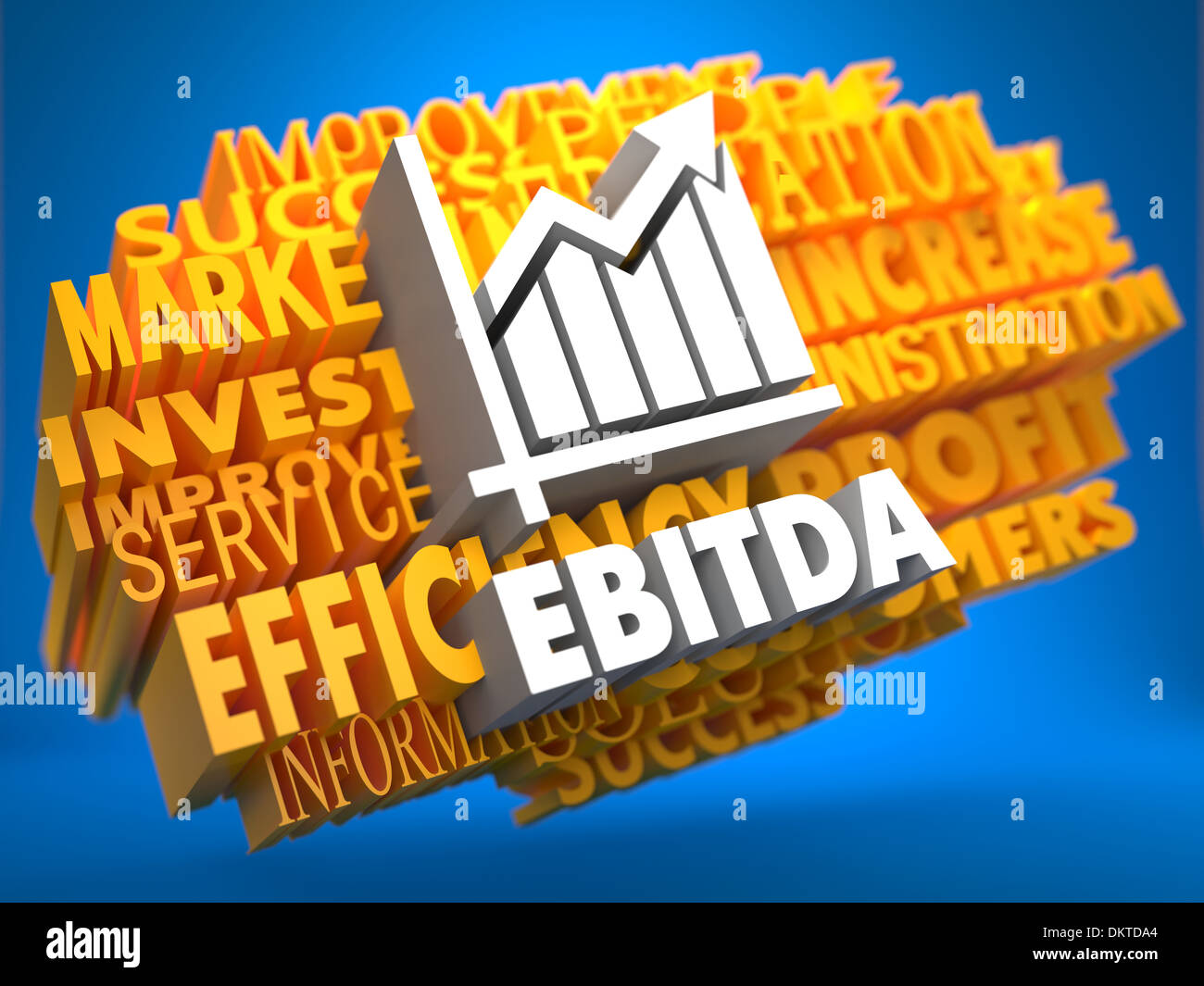 Das EBITDA mit Wachstum Diagrammsymbol auf gelben WordCloud auf blauem Hintergrund. Stockfoto