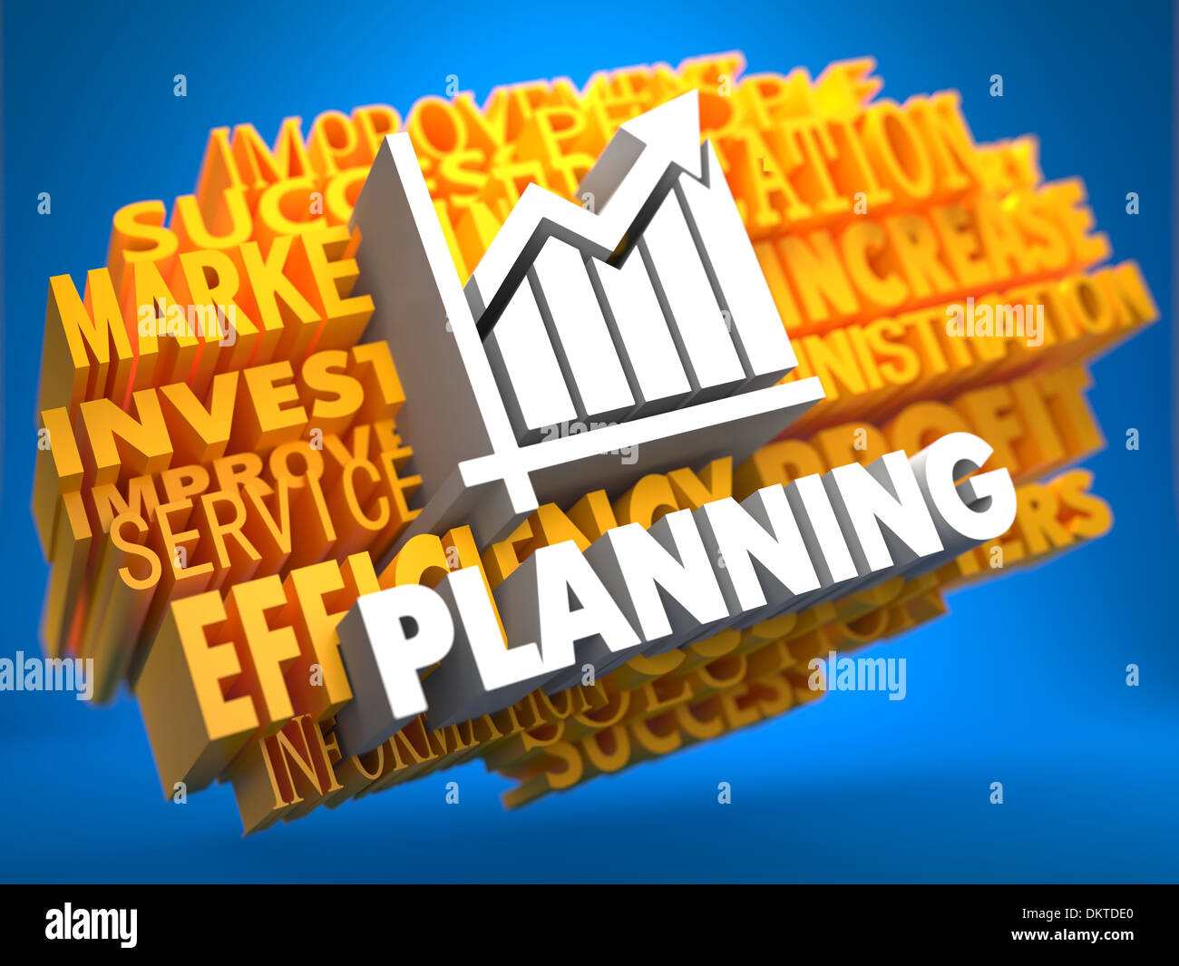 Planung mit Wachstum Diagrammsymbol auf gelben WordCloud auf blauem Hintergrund. Stockfoto