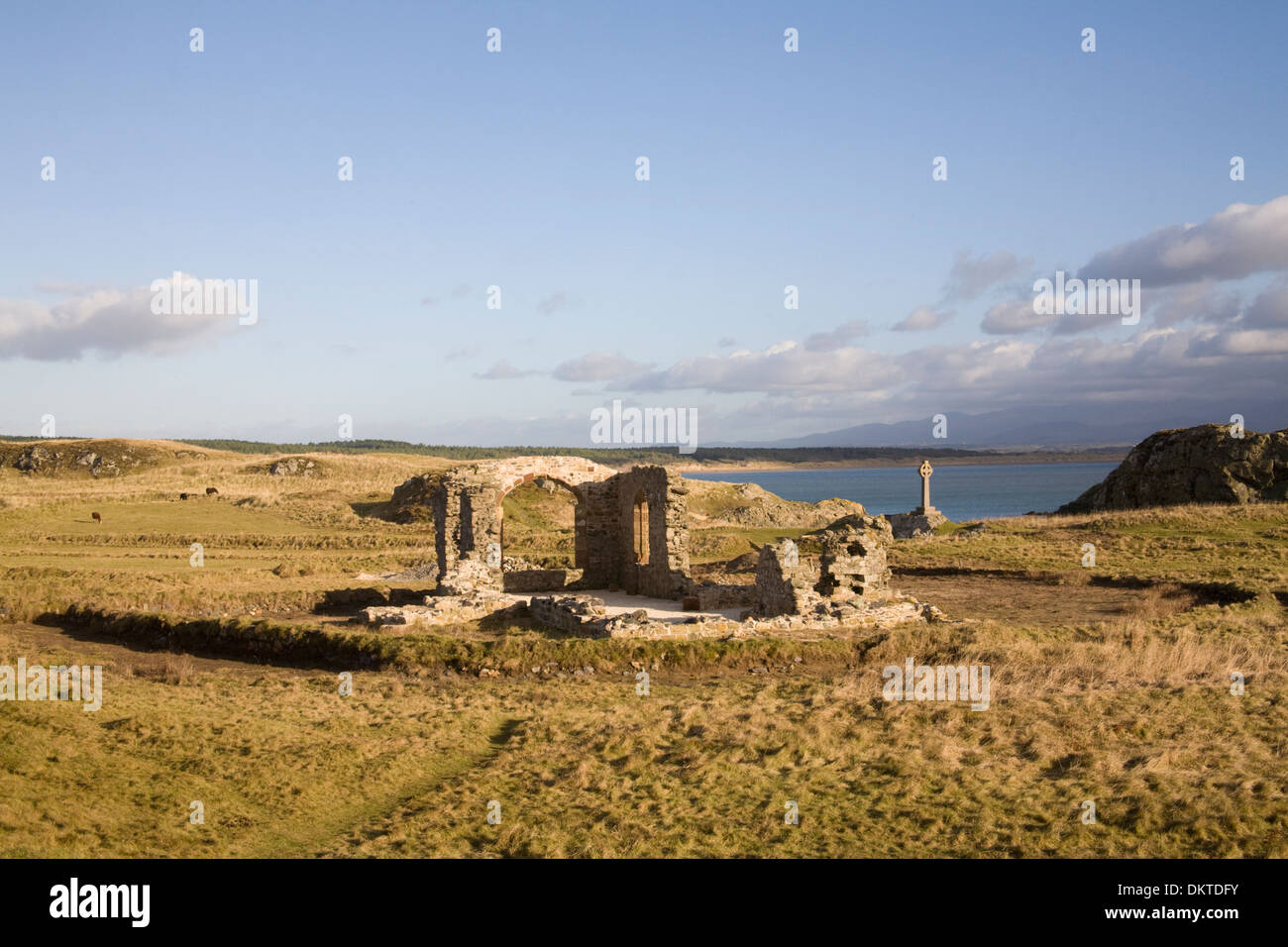 Kirche und Keltenkreuz Liebhaber Insel Llanddwyn Island Isle of Anglesey North Wales Dezember Ruins 16thc St Dwynwen Stockfoto