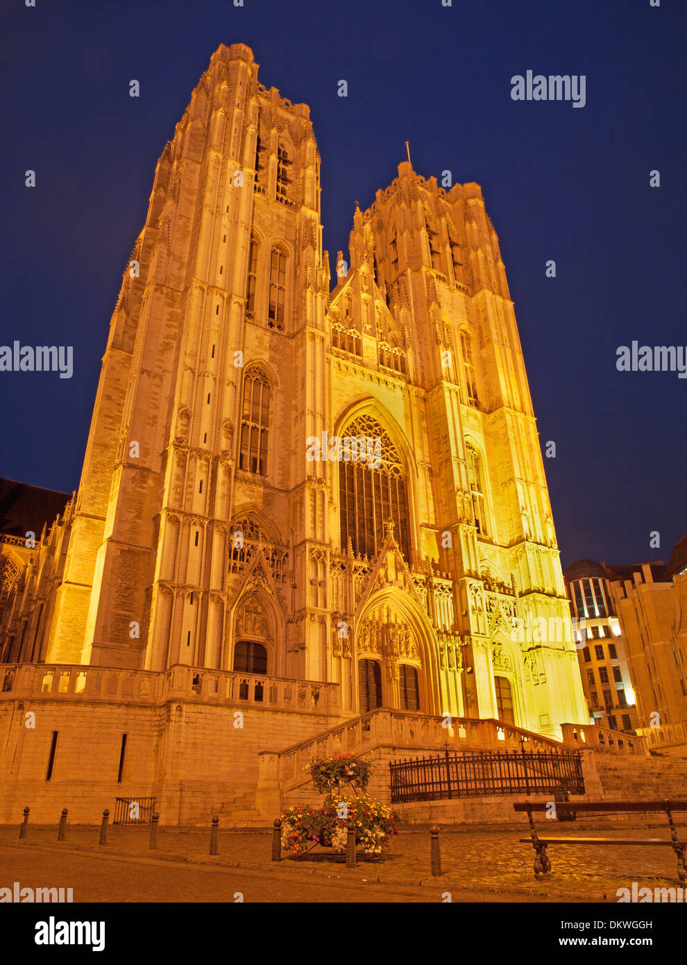 Brüssel - gotische Kathedrale St. Michael und St. Gudula - Westfassade in der Nacht Stockfoto