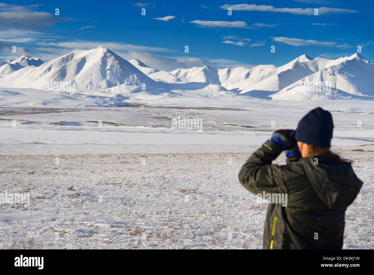 Weibliche Touristen auf der Suche auf den Schnee bedeckt Brooks Range Berge mit dem Fernglas aus den isolierten Dalton Highway Alaska USA Stockfoto