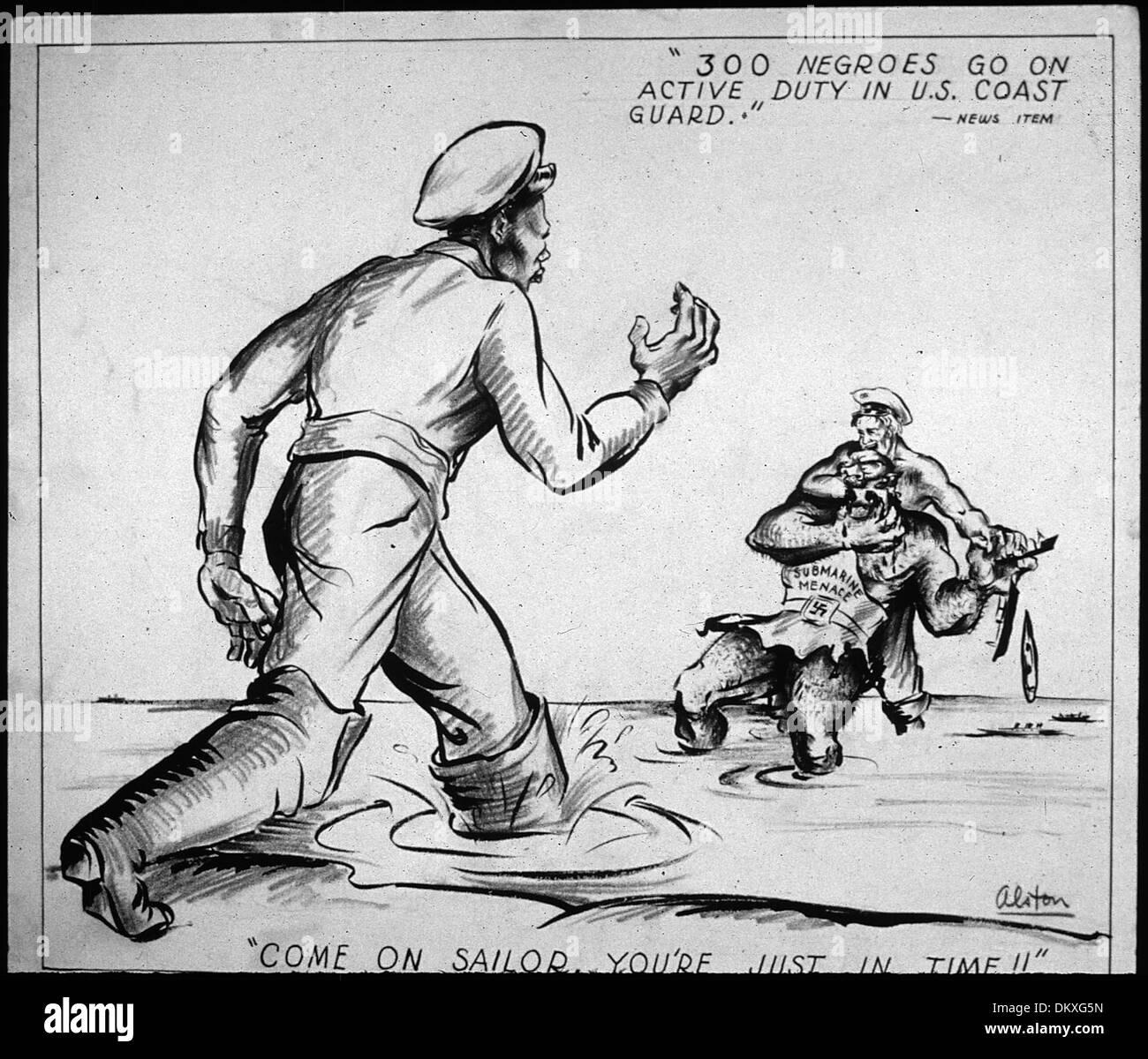 Ein Werbebild mit dem Titel „Come On Sailor, You're Just in Time“, möglicherweise mit einem Seemann oder verwandten militärischen Bildern. Dadurch wird ein spielerischer oder ermutigender Ton erfasst, der möglicherweise mit Kriegszeiten oder Rekrutierung verbunden ist. Stockfoto