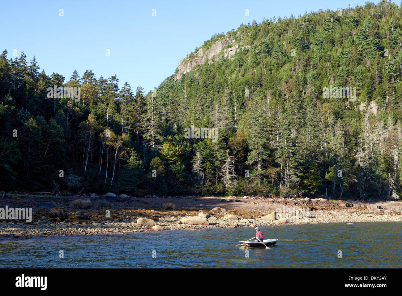 Rudern zum Ufer, Tal Cove, Somes Sound, Mount Desert Island, Acadia National Park, Maine Stockfoto