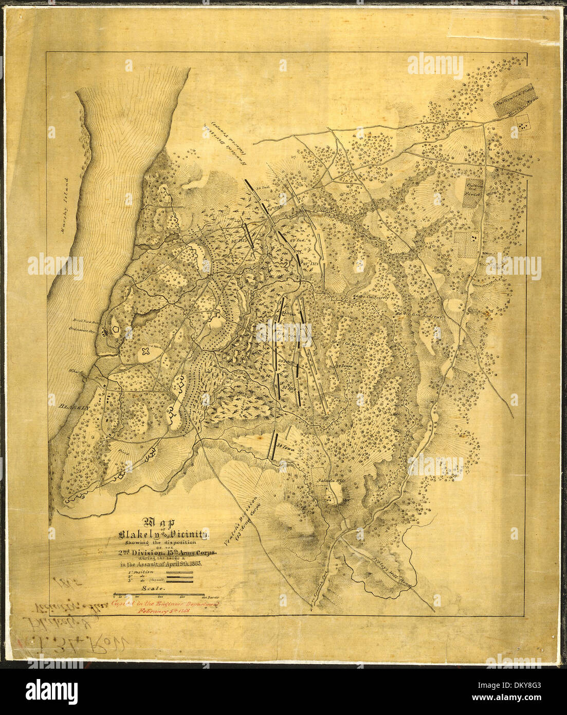 Diese Karte zeigt die Disposition der 2. Division, 13. Armeekorps, während der Belagerung von Blakely, und gibt Einblicke in die militärische Strategie und die Bürgerkriegsschlachten in der Region. Stockfoto