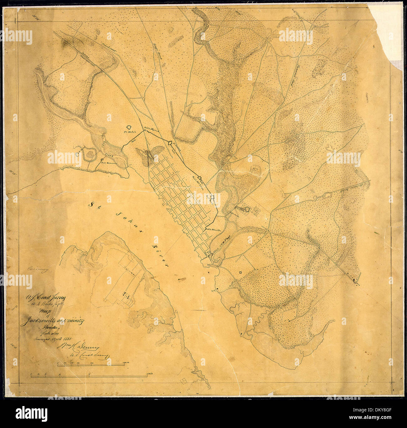 Karte von Jacksonville und Umgebung, Florida, (Anzeige Verteidigung). Befragten April 1864. (Signiert) Wm. H. Dennis, U. S... 305631 Stockfoto