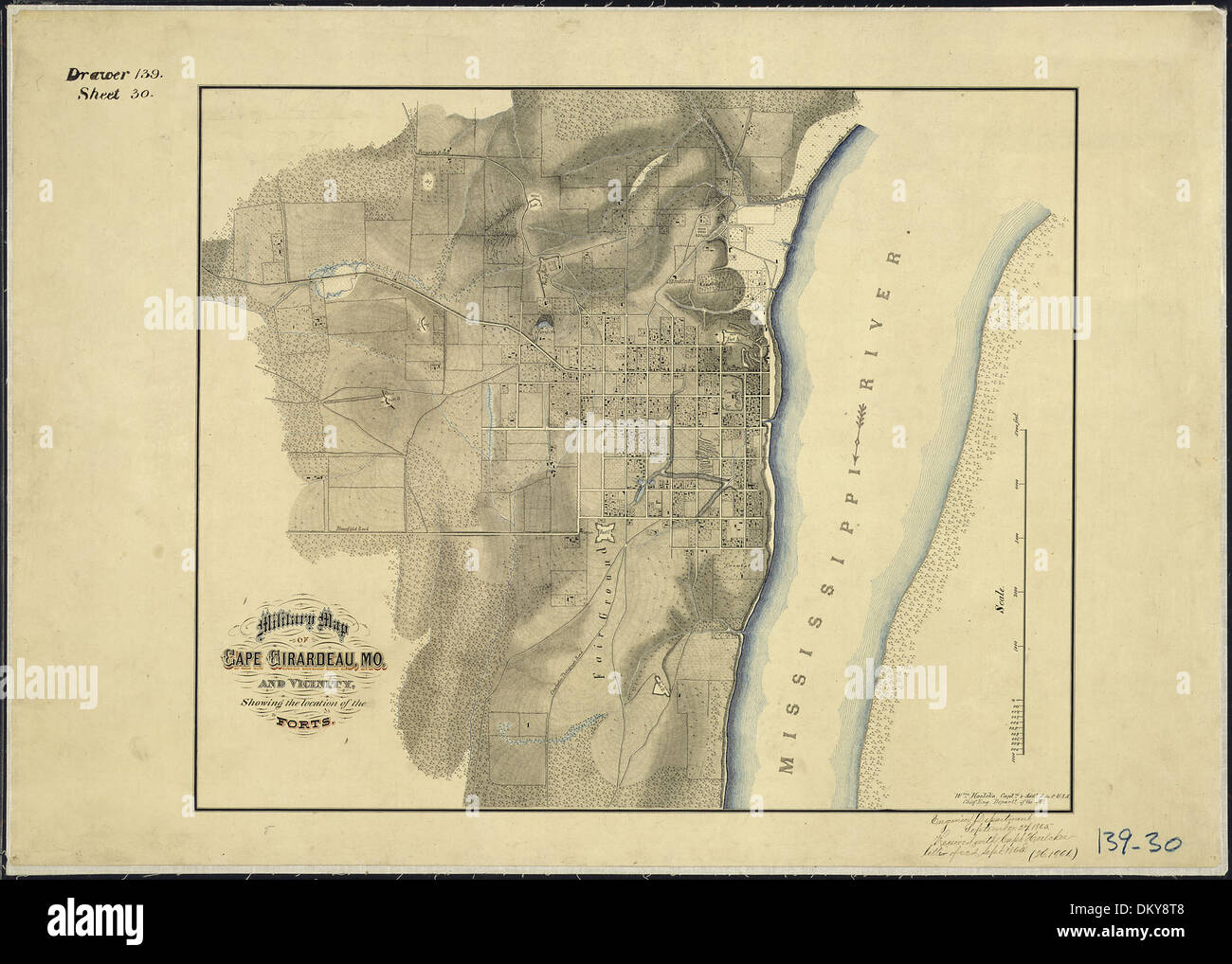 Militärische Karte Cape Girardeau, Mo, und Umgebung, zeigt den Standort des Forts. WM. Hoelcke, Captn. & Addl... 305778 Stockfoto