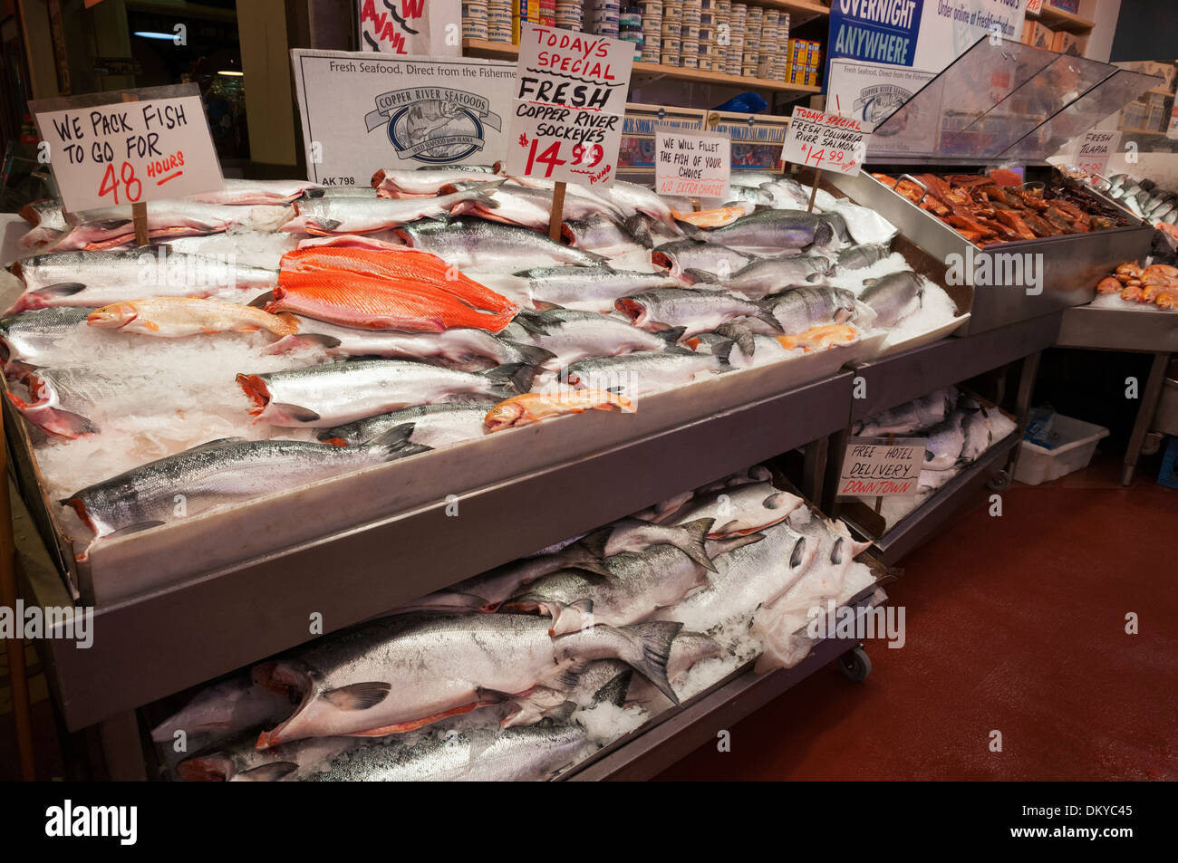 Washington, Seattle, Pike Place Market, Meeresfrüchte, Copper River Lachs Stockfoto