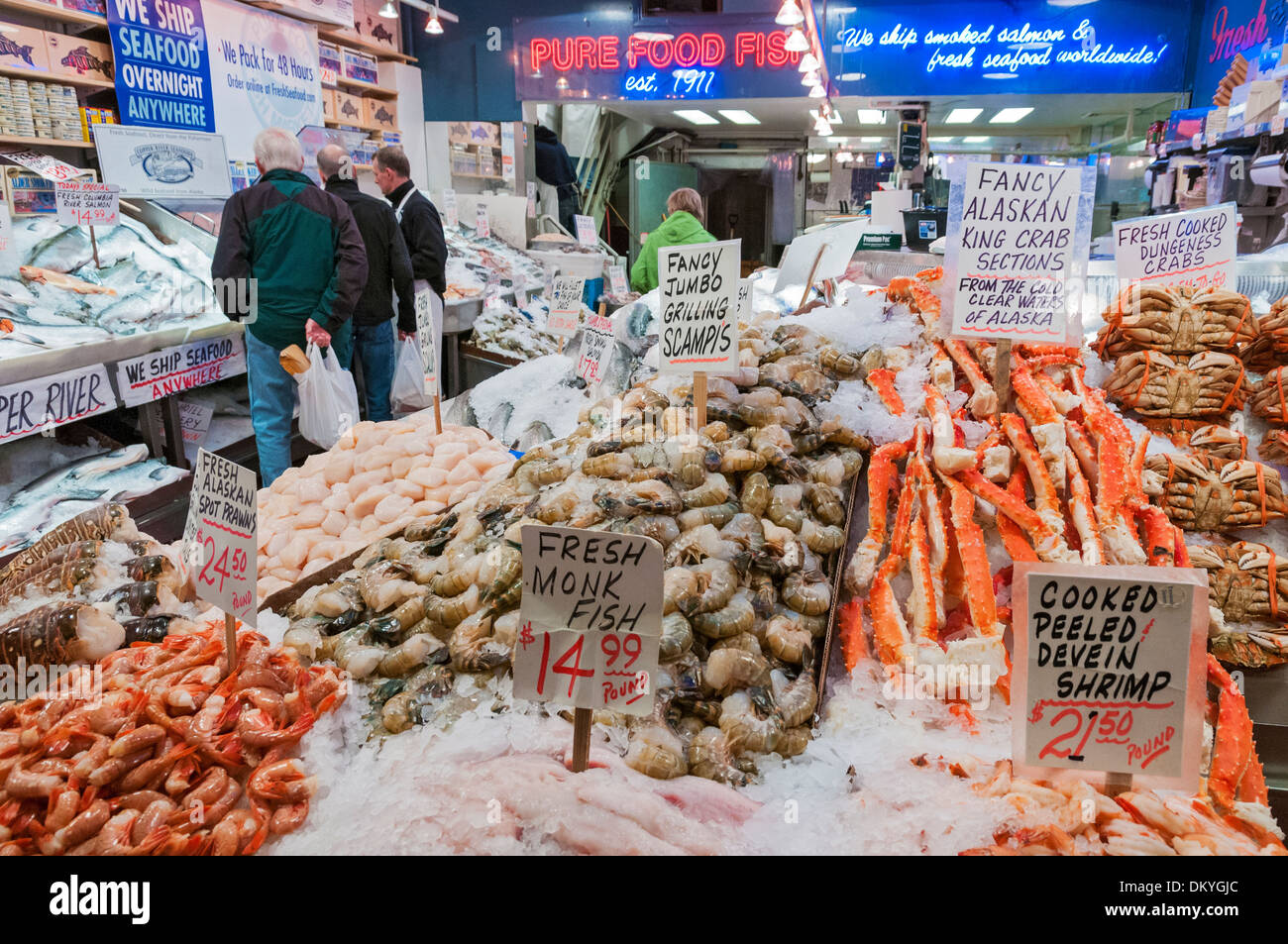 Washington, Seattle, Pike Place Market, Meeresfrüchte, Schalentiere Stockfoto