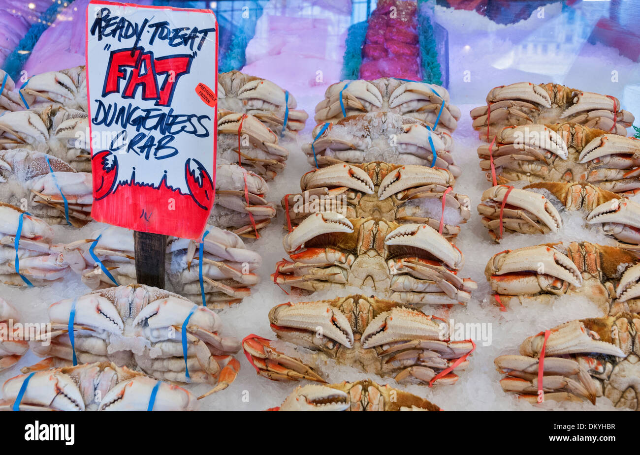 Washington, Seattle, Pike Place Market, Meeresfrüchte, Schalentiere, Dungeness Krabben Stockfoto