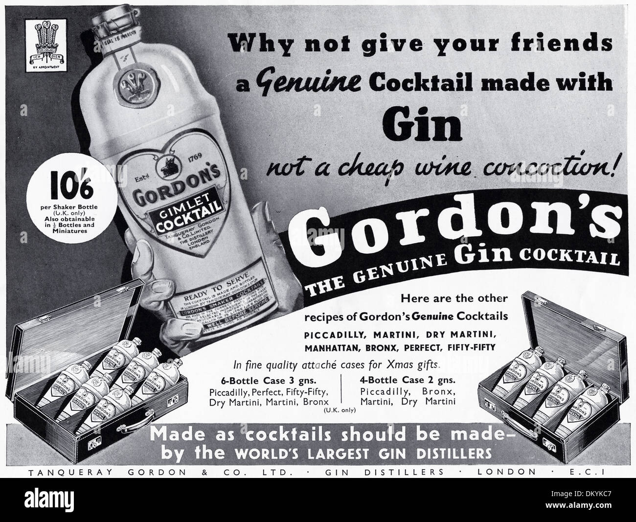 1930er Jahren original Vintage Magazin Werbung Werbung GORDONS GIN Stockfoto