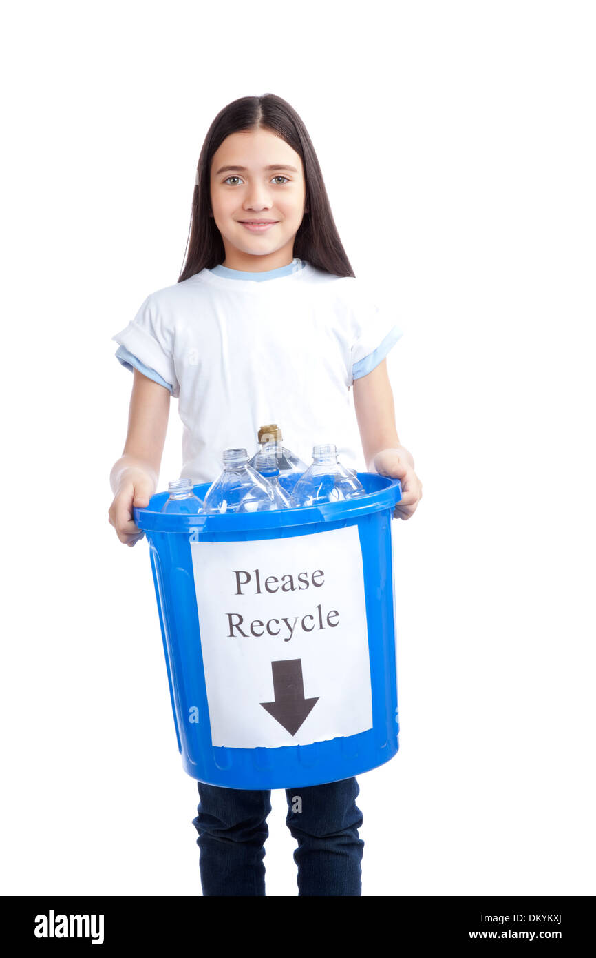 Mädchen hält Recycling Abfall Bib Stockfoto