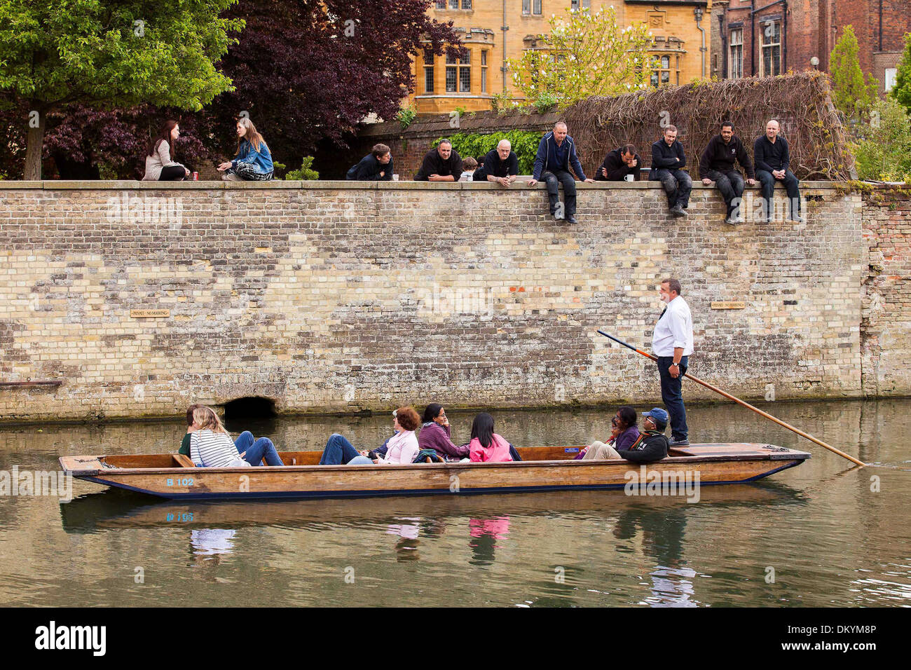 Eine Gruppe von Menschen punt nach unten den Fluss Cam in Cambridge in der Frühlingssonne Stockfoto