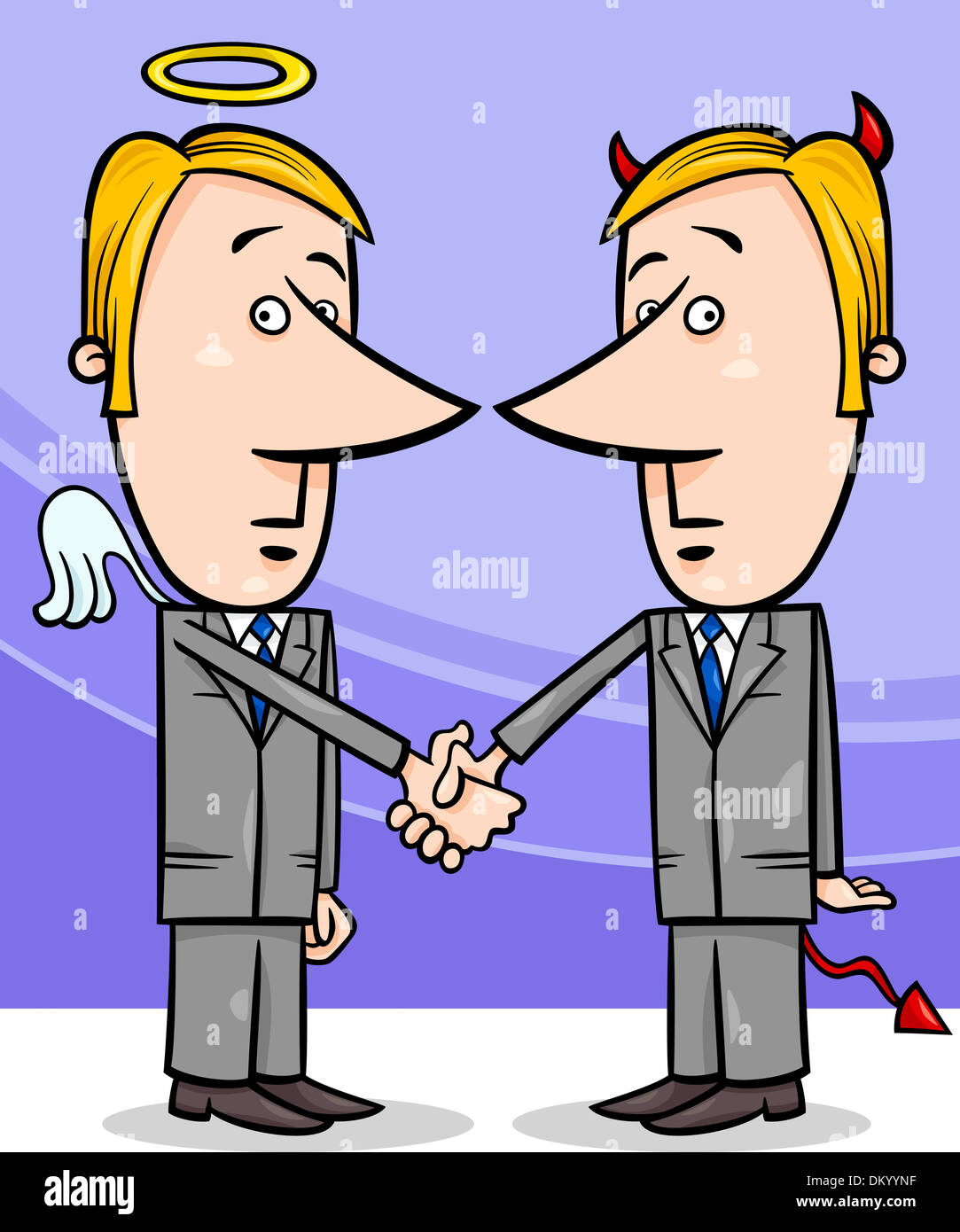 Concept Cartoon Illustration von Engel und Teufel Geschäftsleute oder Politiker, die Hände schütteln Stockfoto