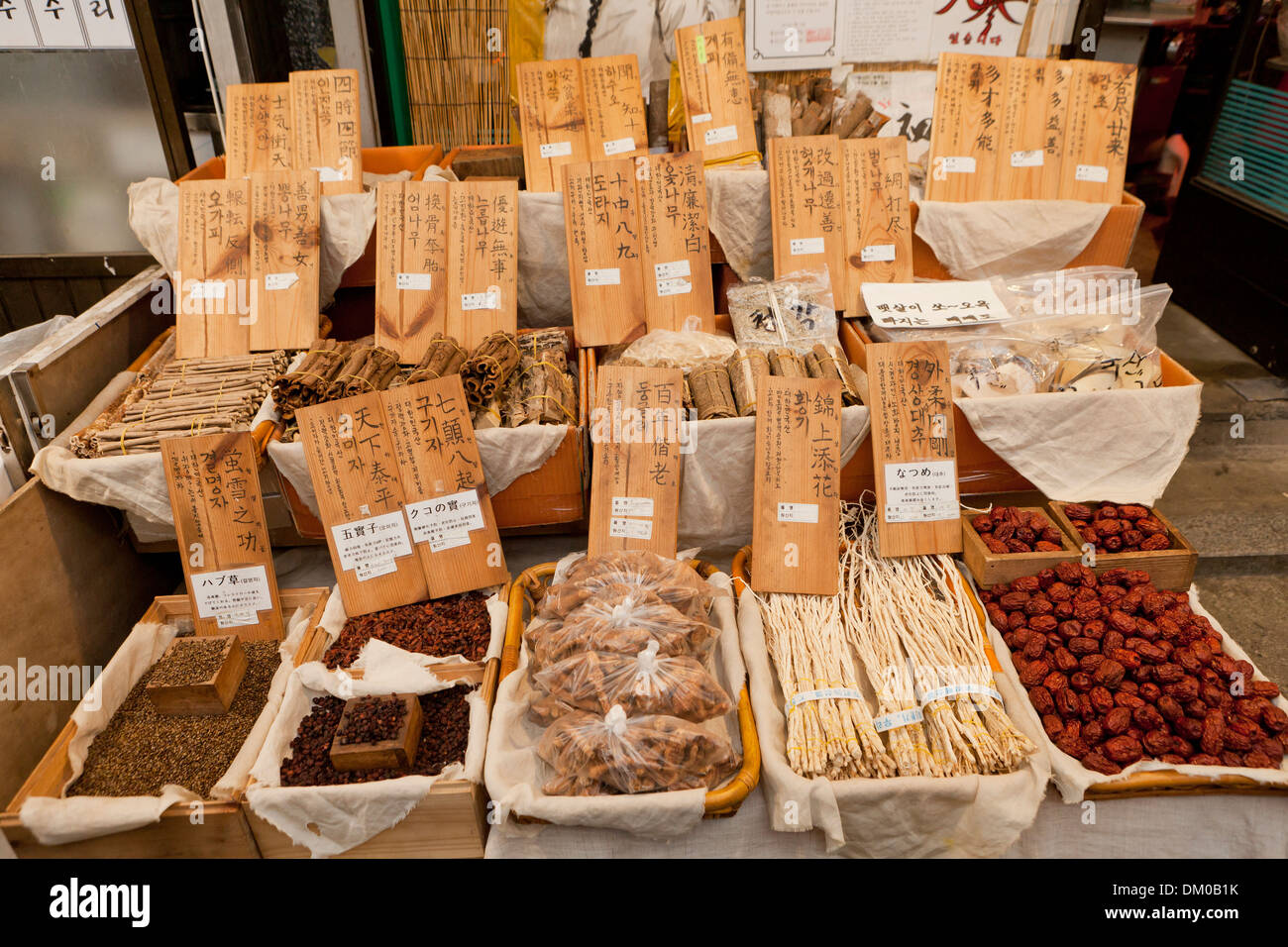 Heilkräuter und Pflanzen zum Verkauf an traditionellen Markt - Seoul, Südkorea Stockfoto