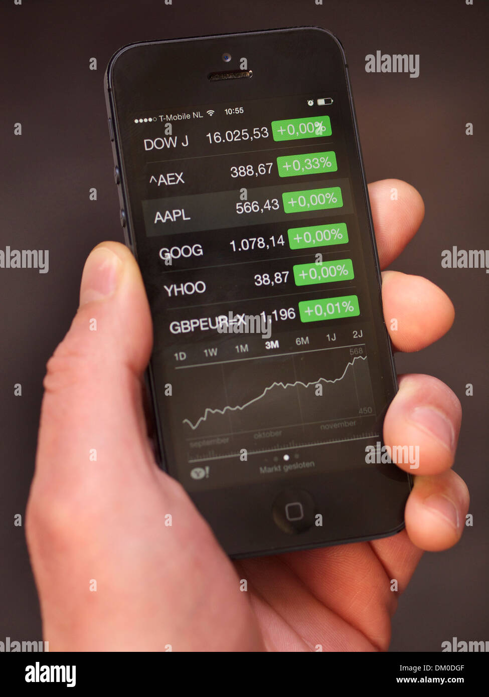 Hand mit schwarzen iPhone 5 zeigt Apple Computer AAPL Kursentwicklung. Stockfoto