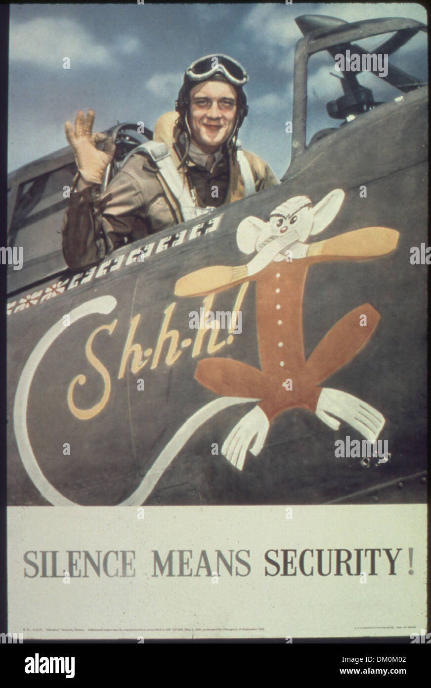 Dieses Propagandaposter unterstreicht die Bedeutung von Schweigen und Diskretion zur Aufrechterhaltung der Sicherheit während des Zweiten Weltkriegs. Es fordert die Bürger auf, vertrauliche militärische Informationen nicht weiterzugeben und so zum Schutz der nationalen Sicherheit beizutragen. Stockfoto