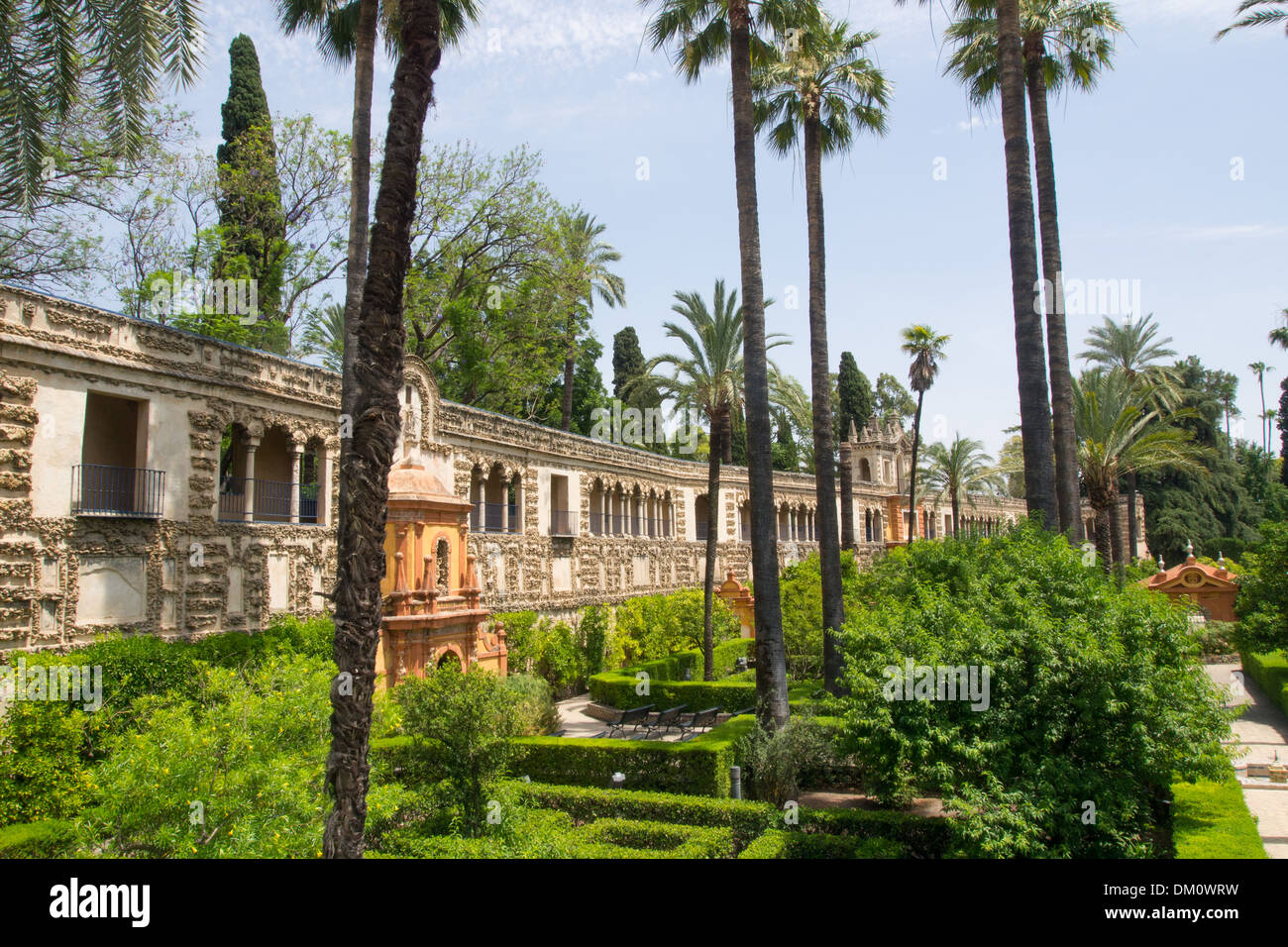 Gärten des Alcázar (Königlicher Palast), Sevilla, Andalusien, Spanien. "Wassergärten von Dorne" in Game of Thrones. Stockfoto